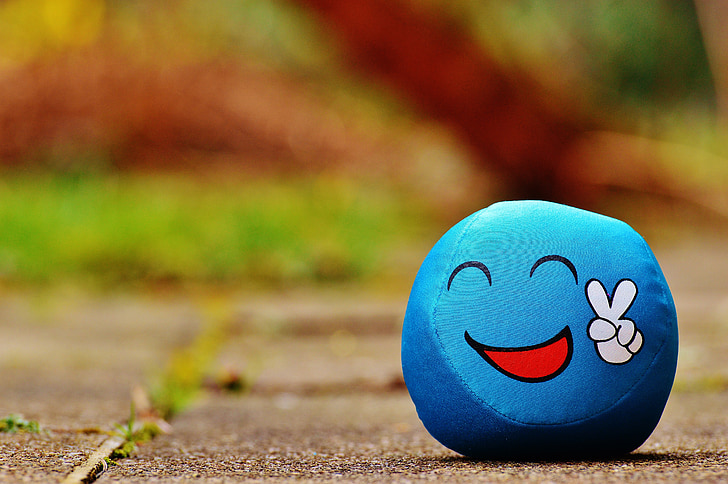 shallow focus photography of blue peace emoticon toy