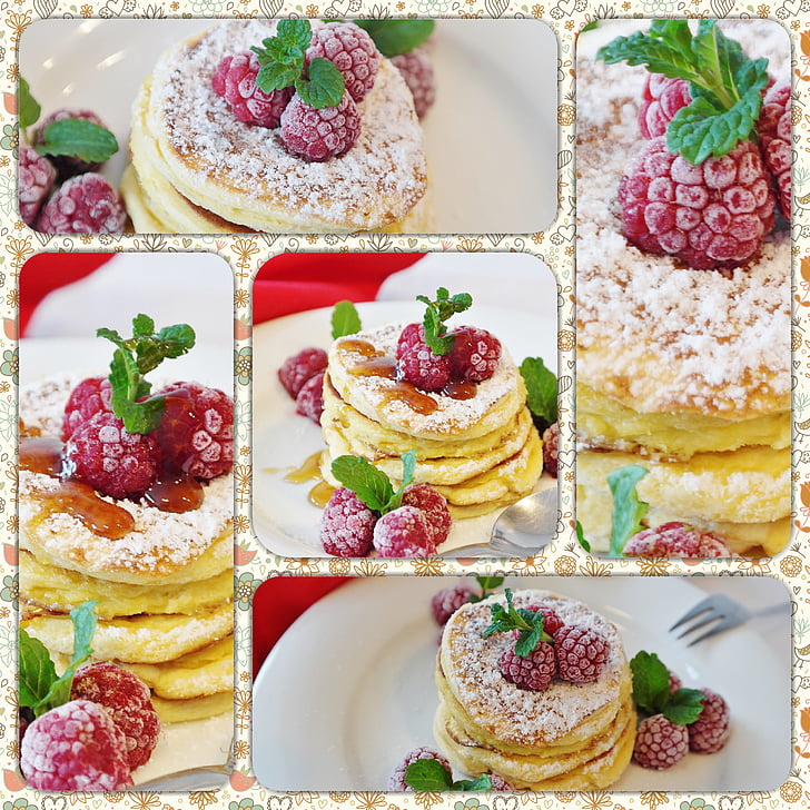 pancake with raspberries collage