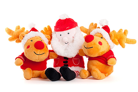 three red, white, and orange Santa Claus and reenders plush toys