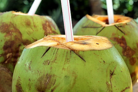 three coconut with white plastic straws in close-up photography