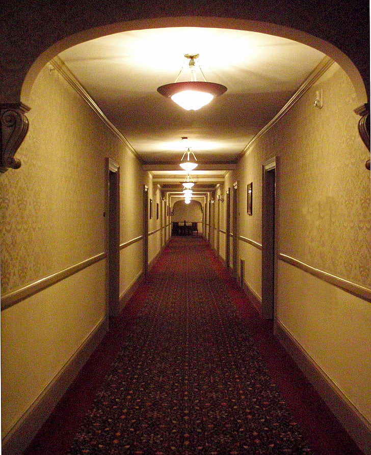 red hallway runner near door