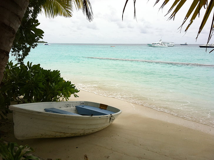 white rowboat on beach with calm sea at daytime