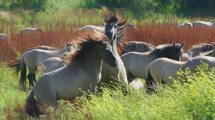 gray horses on grass field