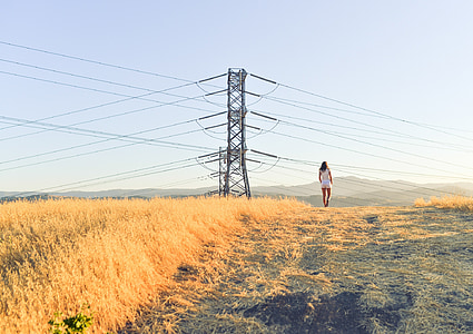 person standing on grass field near electricity post