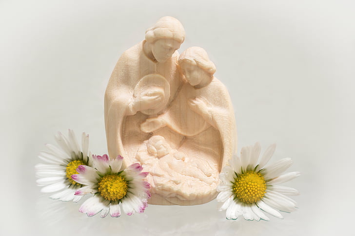 nativity figurine and white petaled flower