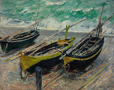 green, black, and gray three canoes near body of water painting