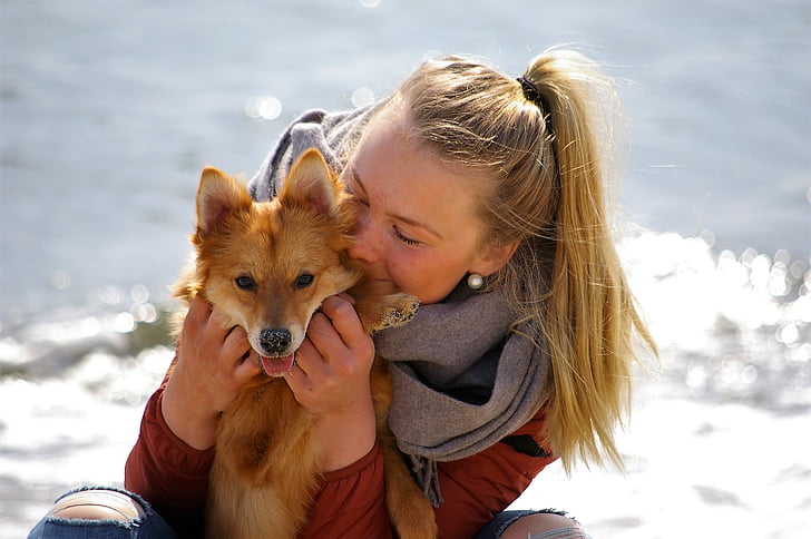 woman hugging Finnish spitz while sitting