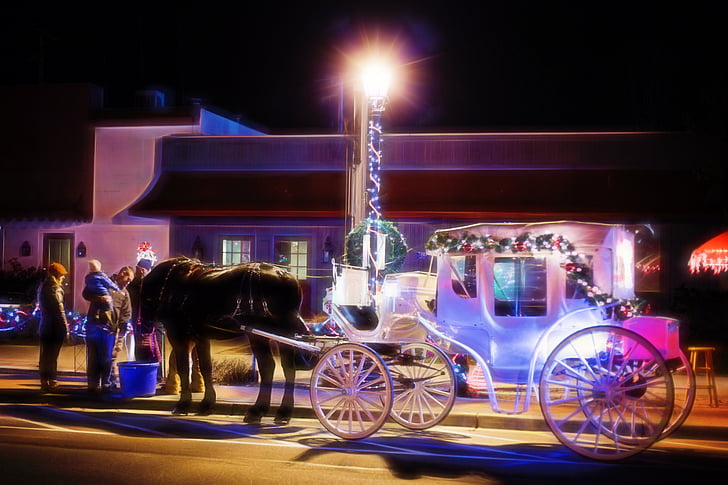 horse carriage near gray building during nighttime