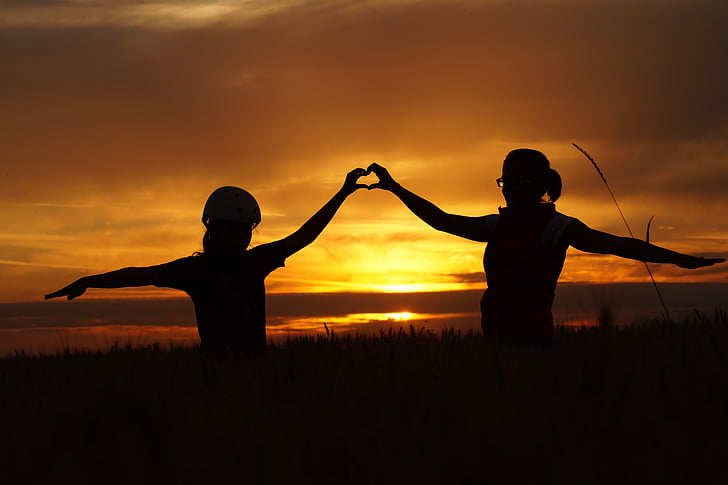 silhouette of two person during sunset