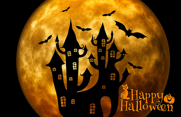 silhouette of haunted house and bats with Happy Halloween text overlay