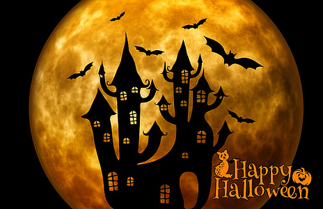 silhouette of haunted house and bats with Happy Halloween text overlay