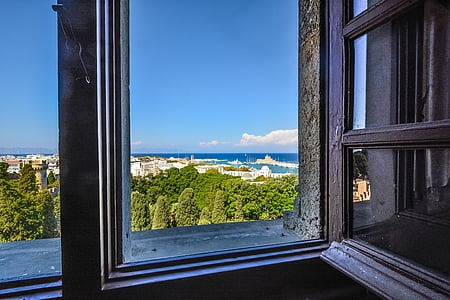 mediterranean, window, sea, rhodes, greece, greek