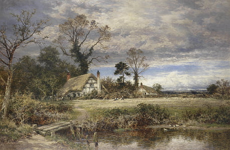 house near body of water under cloudy sky painting