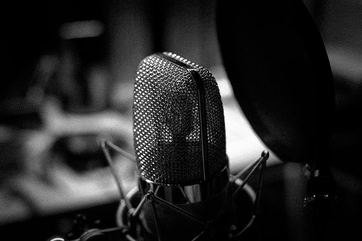 grayscale photography of condenser microphone