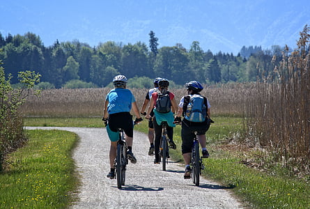 four people on biking on gray road near grass at daytime