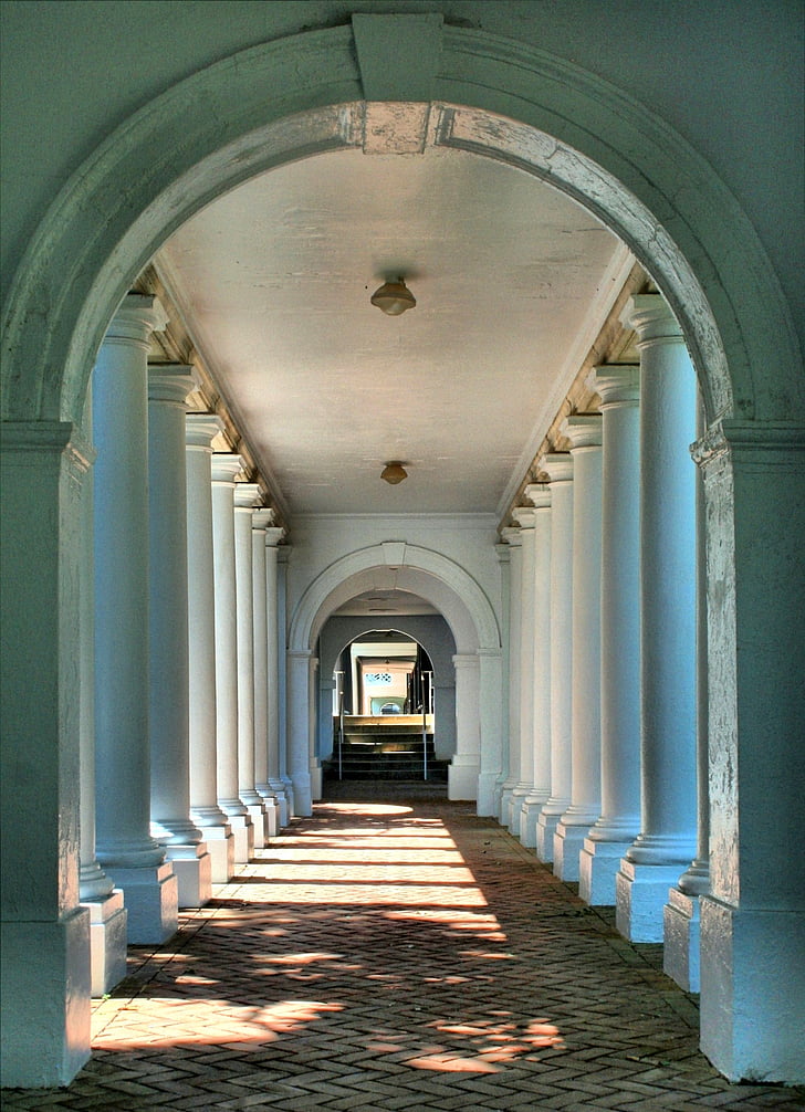 landscape photo of straight pathway with columns