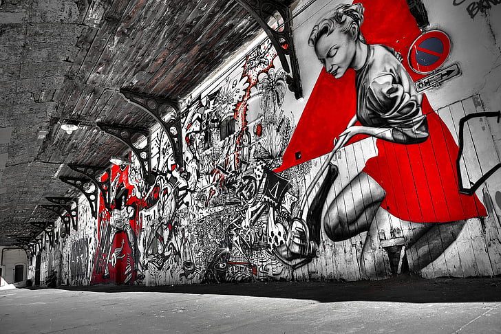 white and red street wall art