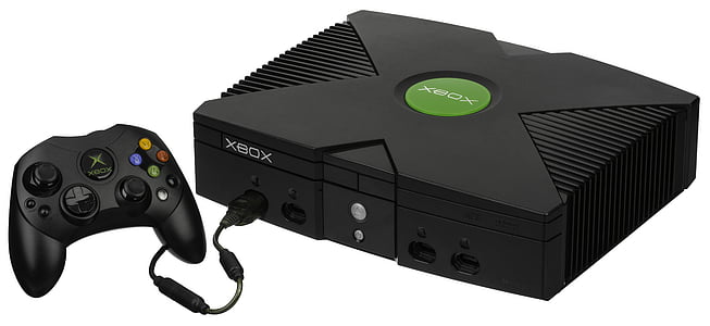 black Microsoft Xbox Classic and controller