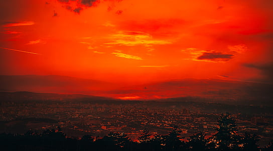 bird's eye view of red sky