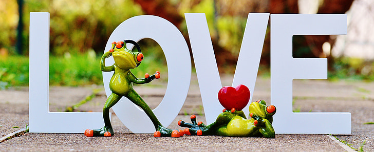 two frogs in front of love freestanding letter