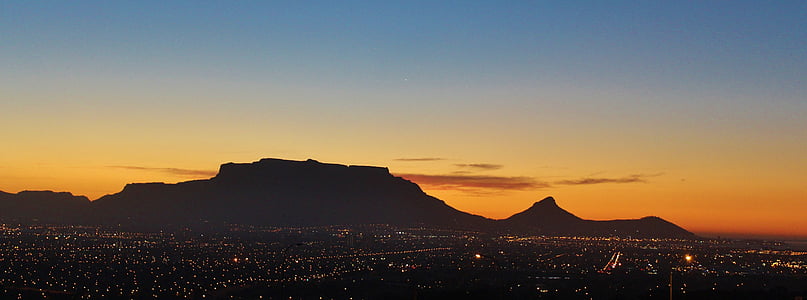 table mountain, sunset, cape town, night lighting, south africa, sea of light