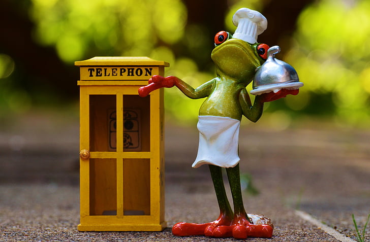 selective focus photography of frog waiter beside telephone booth miniature