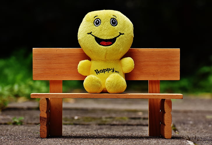 yellow plush toy sitting on bench