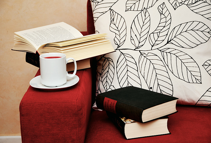 white ceramic mug with saucer on red fabric sofa near two black books