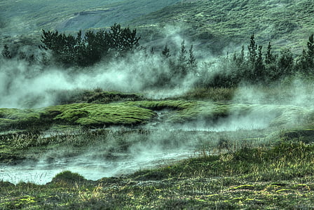 grass field with smoke