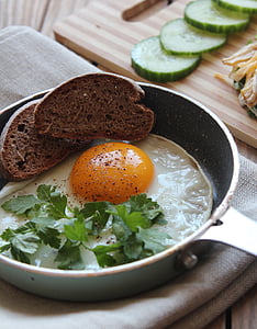 bread on cook sunny side up egg with green leafy veggies