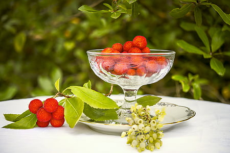 raspberries on glass bowl and white plate
