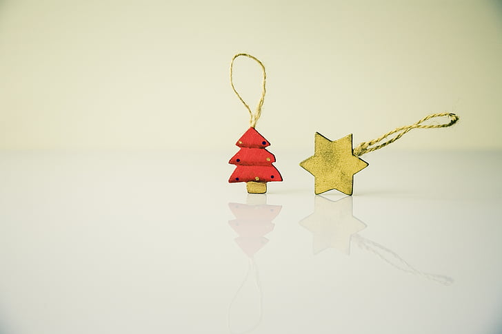 red and brown Christmas tree and 6-pointed star ornaments
