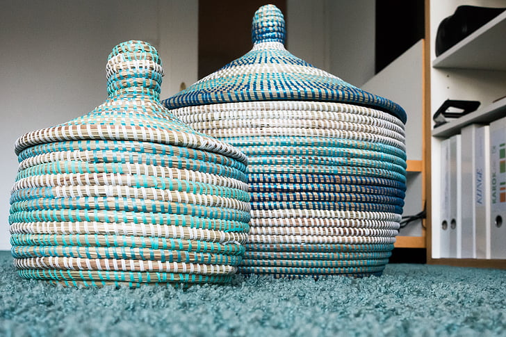 teal and white knitted vases