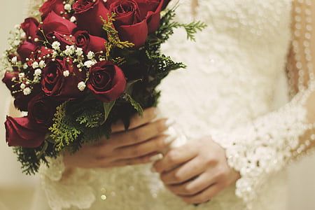 person's hand holding bouquet of red rose flowers
