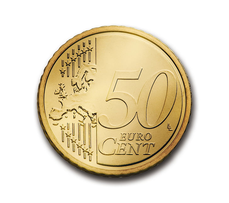 Royalty-Free photo: Round gold-colored 50 euro coin with white background - PickPik