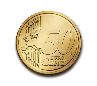 round gold-colored 50 euro coin with white background