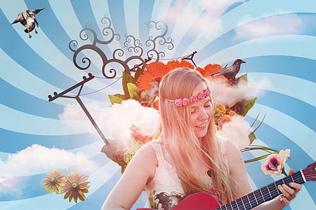 woman with pink floral headdress playing guitar