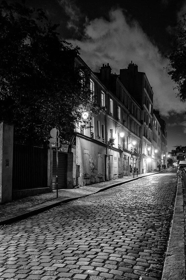 grayscale photography of street and buildings