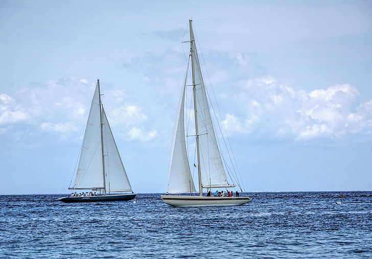 two white and black sailboats on bodies of water