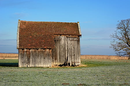 brown and red wooden shed in the middle of green grassy plain