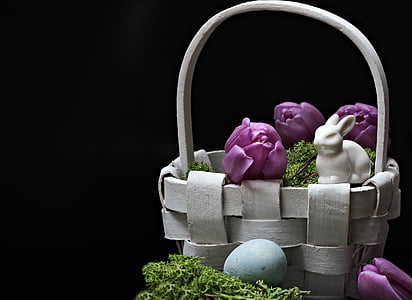 white bunny figurine on basket Easter egg decor set