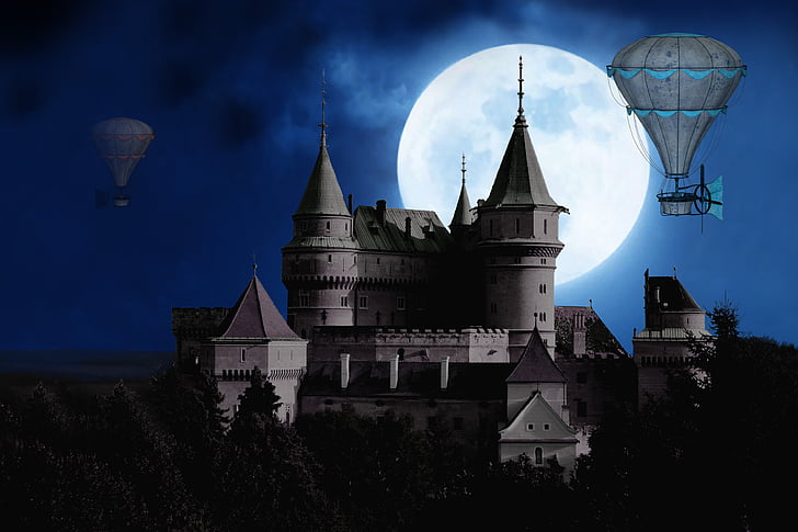 castle with hot air balloons during full moon illustration