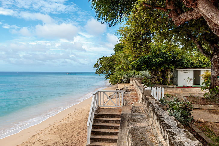 clearwater villa beach, barbados, atlantic ocean, stairs, tropical trees