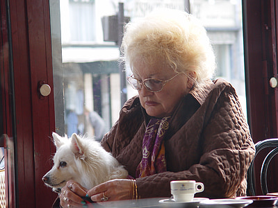woman carrying white dog sitting on wheelchair
