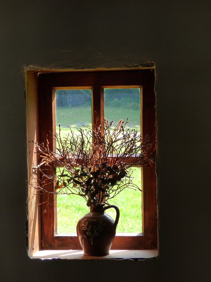 brown ceramic bottle with plants inside and placed on closed window