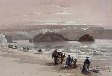 people with camel walking near ocean painting