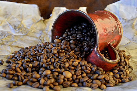 brown coffee beans with red ceramic mug