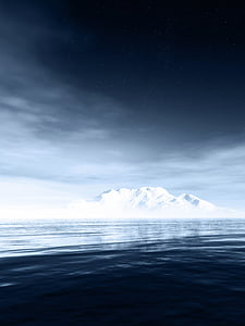 landscape, sea, night sky, winter, fog, iceberg