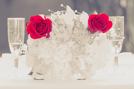 focus photo of white and red rose bouquet between two clear long-stem drinking glasses