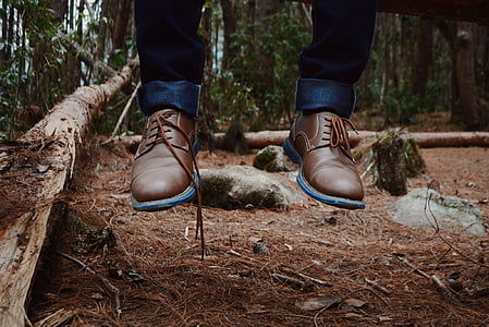 person wearing brown leather shoes on forest